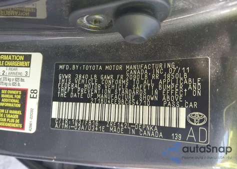 2011 Toyota Corolla Le from USA, damaged, VIN 2T1BU4EE9BC654710